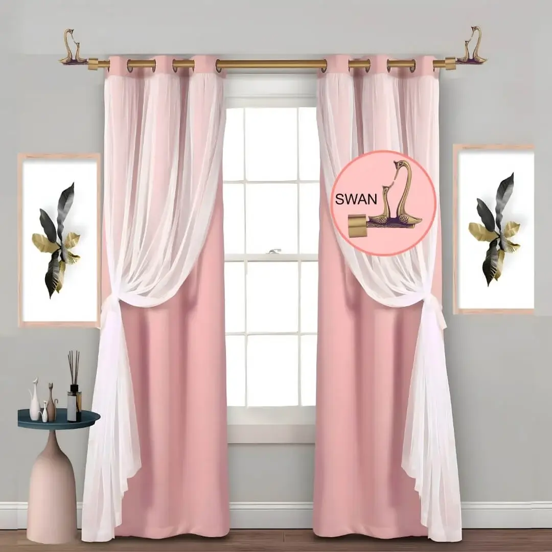 extendable rods extendable rods - Double curtains on a window elegantly styled with a gold adjustable curtain rods set featuring swan bird finials, securely mounted with wall brackets and holder, creating a chic and inviting living room ambiance with wall art and side table, suitable for long window or door curtains.