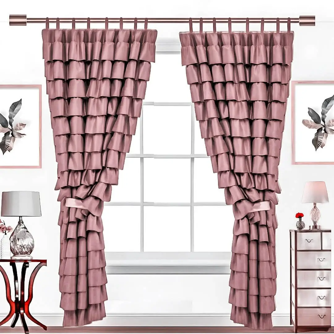 rose gold curtain rods for hall rose gold curtain rods and brackets for living room - Pink curtains on a window elegantly styled with a rose gold adjustable curtain rods set featuring a minimalist design, securely mounted with wall brackets and holder, creating a chic and inviting living room ambiance with wall art and side table, suitable for long window or door curtains.