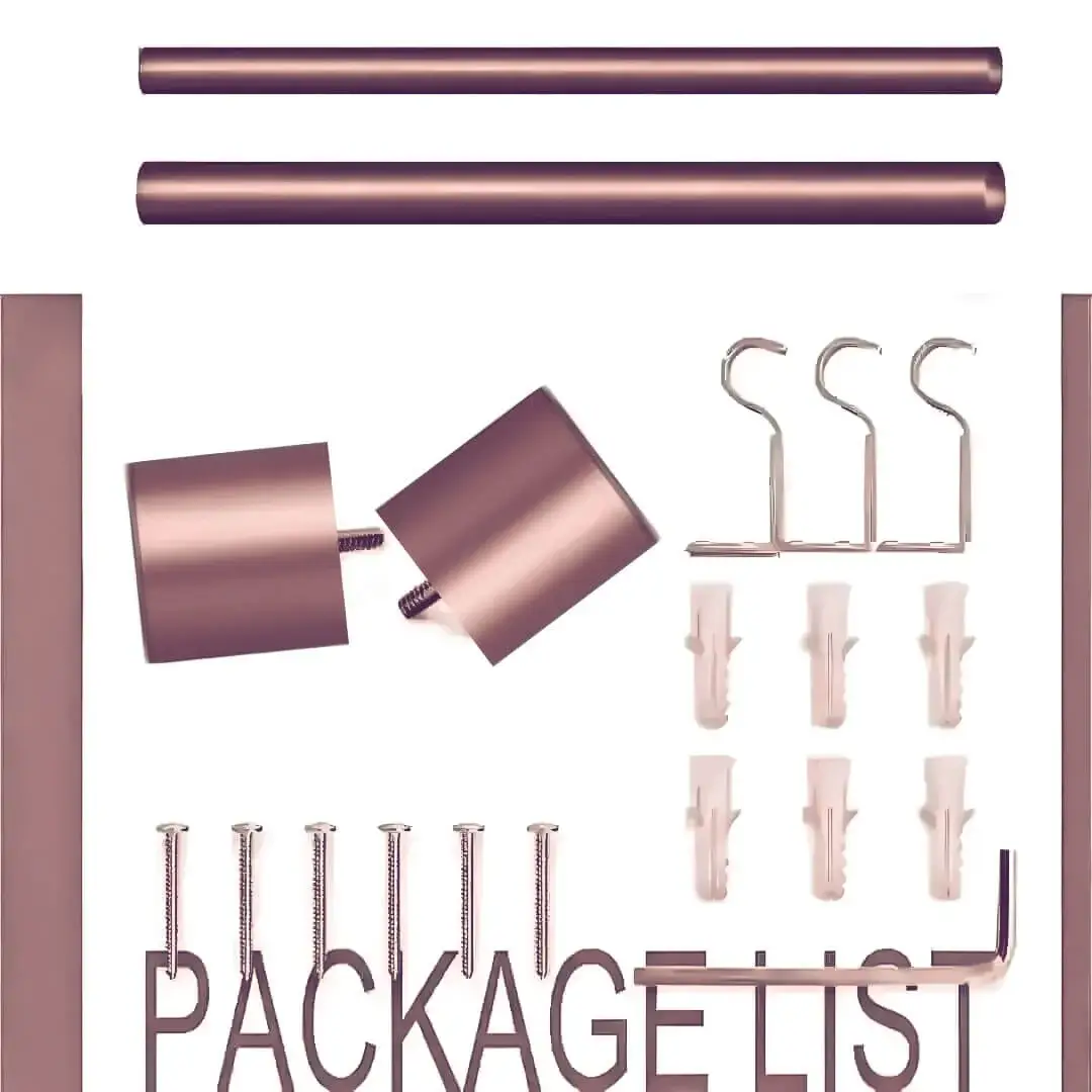 rose gold rod set adjustable curtain rod set - complete curtain rod set with accessories displayed with all included components: 2 decorative finials, 3 heavy duty brackets, 2 rose gold adjustable rods, wall anchors, and screws. Text overlay lists the 'Package List,' showcasing everything needed for professional installation.