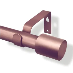 rose gold curtain rods - closeup of luxurious rose gold curtain rod and the second image is of curtain bracket holding heavy weight showcasing that the bracket is capable of holding heavy blackout curtains.