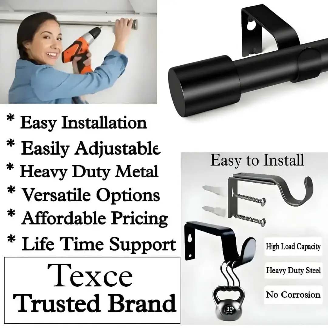 black curtain rods with brackets black curtain rods with brackets - Three-panel showcase: (1) DIY girl installing a matte black curtain rod with a drill, (2) close up of luxurious black curtain rod, and (3) close up of heavy duty steel holder. Overlay text highlights: ‘Easy to install, easily adjustable, heavy duty metal, versatile option, affordable pricing, life time support, heavy load capacity, heavy duty steel, no corrosion and Texce—a trusted brand.