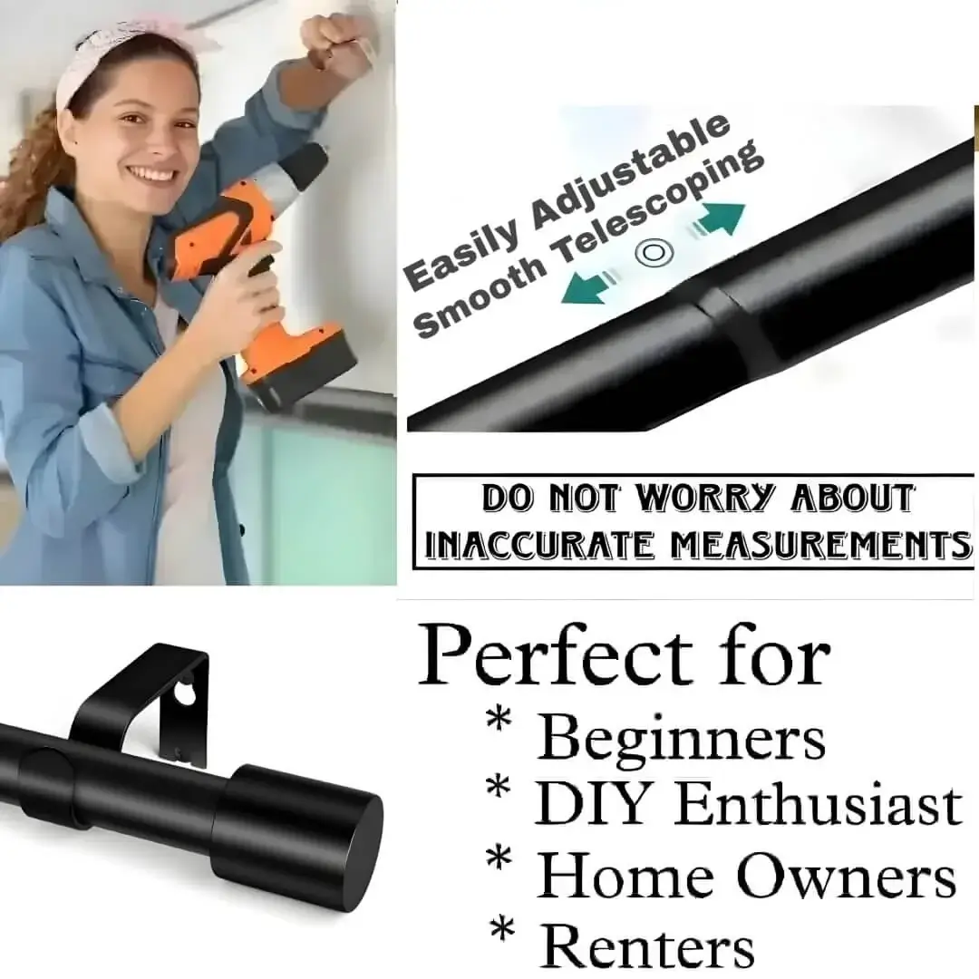 black extendable curtain rods black extendable curtain rods - DIY girl installing extendable curtain rods with a drill—text highlights ‘Perfect for DIY enthusiasts, Apartments, renters, beginners, home owners !’ Features smooth telescoping rods, and easily adjustable design so you never worry about inaccurate measurements