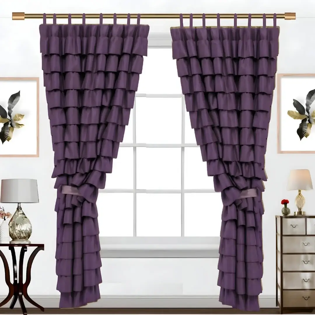 curtain rods metal curtain rods - purple curtains on a window elegantly styled with a rose gold adjustable metal curtain rods set featuring a decorative design, securely mounted with wall brackets and holder, creating a chic and inviting living room ambiance with wall art and side table, suitable for long window or door curtains.