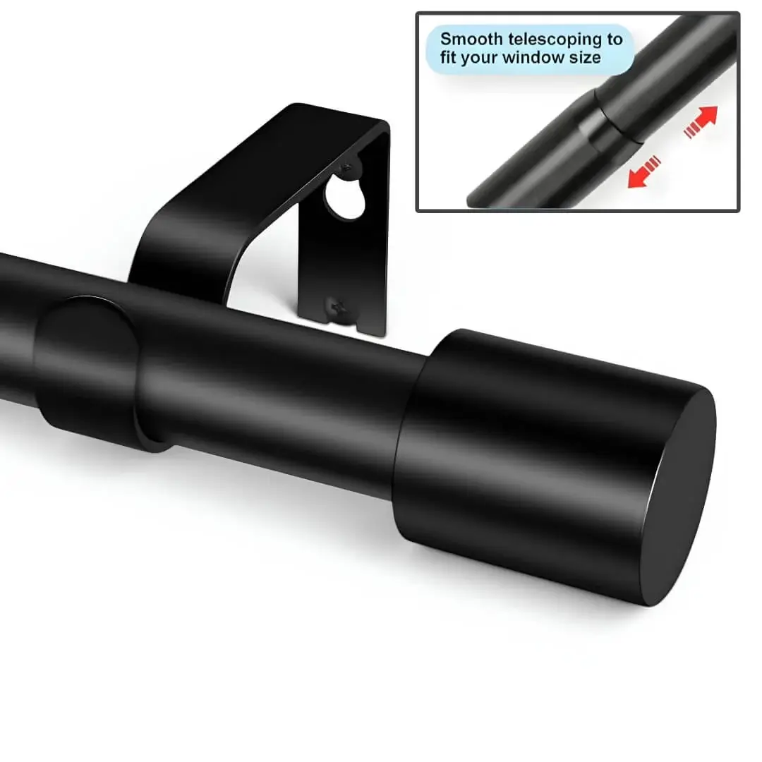 extendable curtain rods, extendable curtain rods - The main image features a matte black curtain rod, while the second image showcases the extendable functionality of the curtain rod with highlighted text: **“Easily Adjustable • Smooth Telescoping • No Need to Worry About Inaccurate Measurements”**